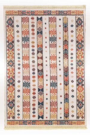 Petit tapis chambre beige multicolore avec le motif de kilim turc "Helvaci"