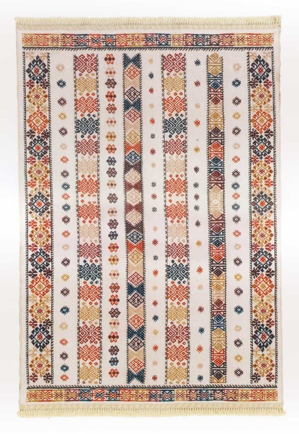 Petit tapis chambre beige multicolore avec le motif de kilim turc "Helvaci"