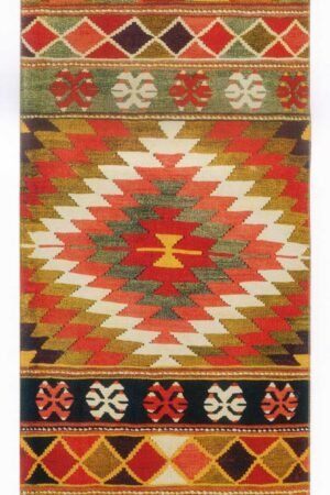 Tapis type kilim boheme multicolore avec motifs aztec