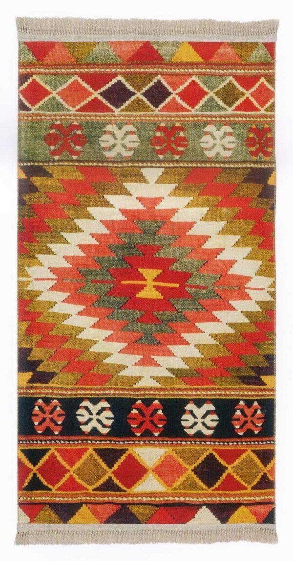 Tapis type kilim boheme multicolore avec motifs aztec